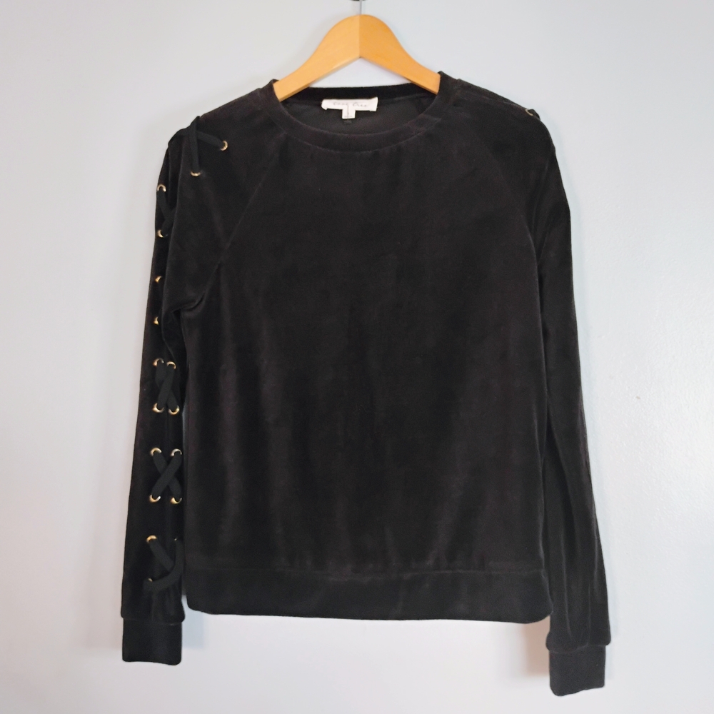 Love Tree Black Velvety Lace Crisscross Sleeve Detail Pullover Top Size S Casual
